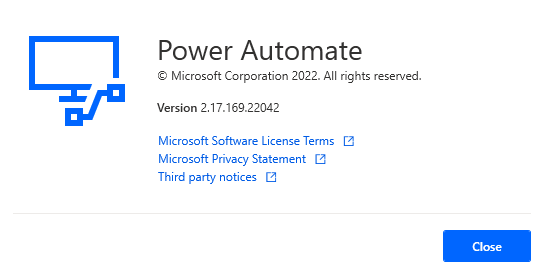 The dialog box showing your version of Microsoft Power Automate for Desktop 